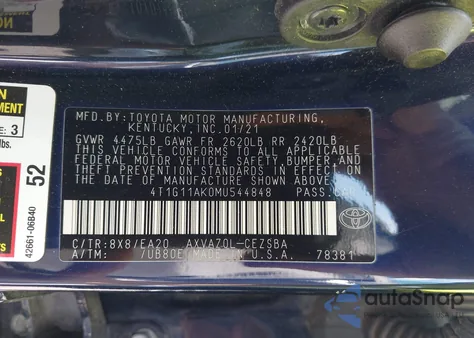 2021 Toyota Camry Se z USA, uszkodzony, nr VIN 4T1G11AK0MU544848